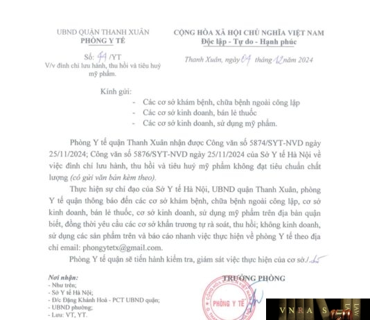 Công văn số 44-YT về việc đình chỉ lưu hành, thu hồi và tiêu huỷ mỹ phẩm