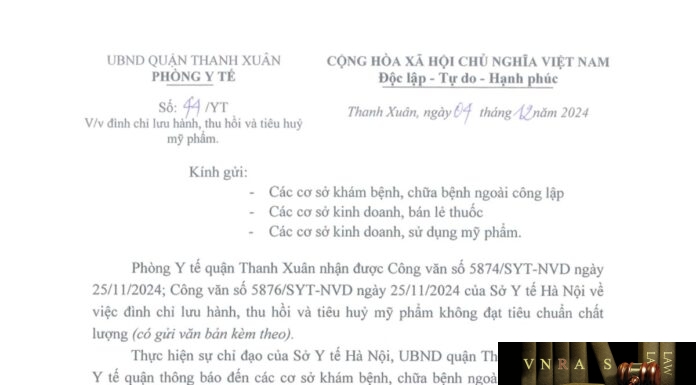 Công văn số 44-YT về việc đình chỉ lưu hành, thu hồi và tiêu huỷ mỹ phẩm