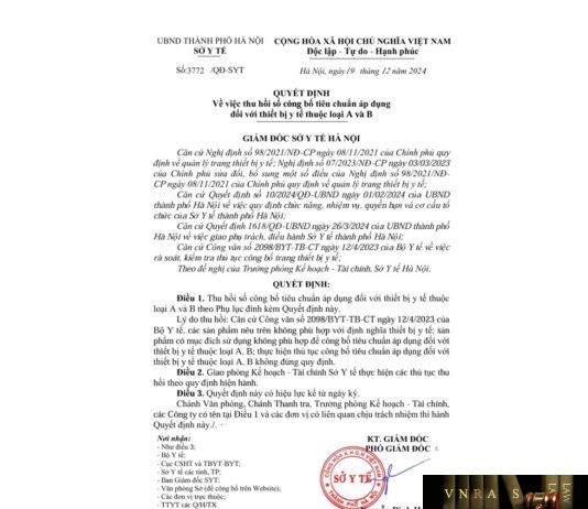 Quyết định 3772-SYT về việc thu hồi số công bố tiêu chuẩn áp dụng đối với thiêt bị y tế thuốc loại A và B