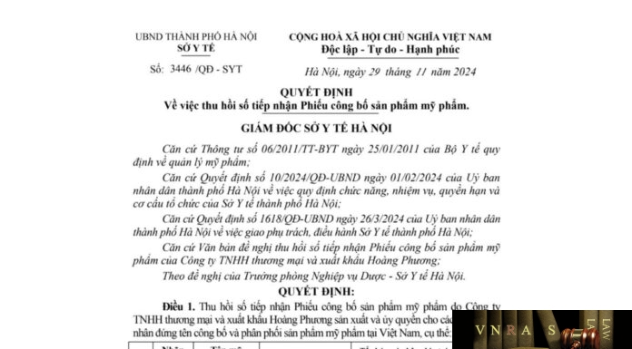 QĐ 3446-SYT thu hồi số tiếp nhận Phiếu công bố sản phẩm mỹ phẩm (Công ty TNHH thương mại và xuất khẩu Hoàng Phương)