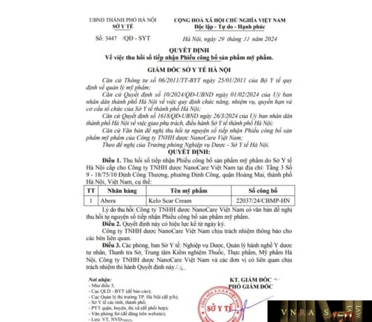 Quyết định số 3447/QĐ-SYT thu hồi số tiếp nhận Phiếu công bố sản phẩm mỹ phẩm (Công ty TNHH Dược NanoCare Việt Nam)