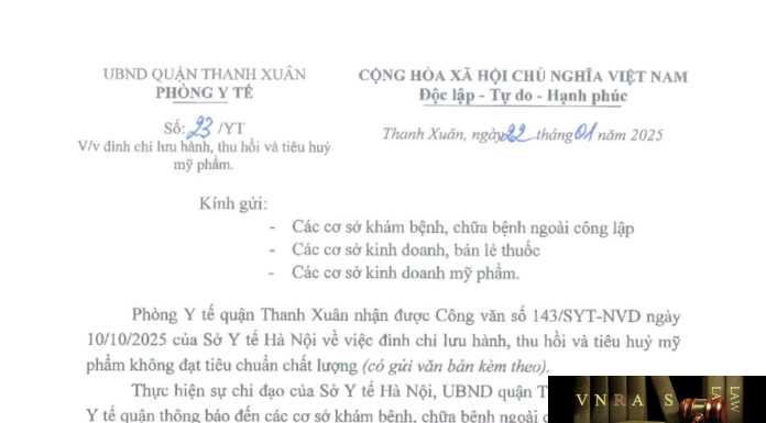 Công văn số 23 - YT về việc đình chỉ lưu hành, thu hồi và tiêu huỷ mỹ phẩm