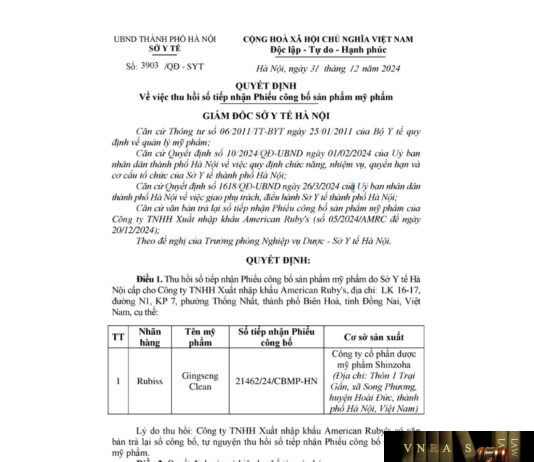 Quyết định 3903 - SYT thu hồi số tiếp nhận Phiếu công bố sản phẩm mỹ phẩm (Công ty TNHH Xuất nhập khẩu American Ruby's)