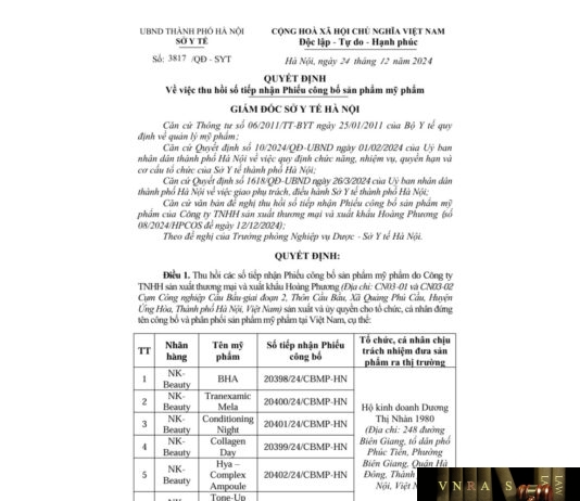 Quyết định số 3817 - SYT về việc thu hồi số tiếp nhận Phiếu công bố sản phẩm mỹ phẩm (Công ty TNHH sản xuất thương mại và xuất khẩu Hoàng Phương)