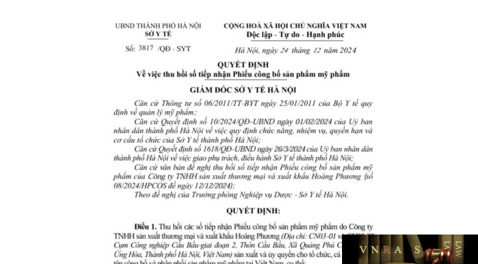 Quyết định số 3817 - SYT về việc thu hồi số tiếp nhận Phiếu công bố sản phẩm mỹ phẩm (Công ty TNHH sản xuất thương mại và xuất khẩu Hoàng Phương)