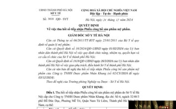 Quyết định số 3818 - SYT về việc thu hồi số tiếp nhận Phiếu công bố sản phẩm mỹ phẩm (Công ty TNHH Dược phẩm Nhân Khang)