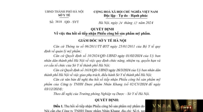 Quyết định số 3818 - SYT về việc thu hồi số tiếp nhận Phiếu công bố sản phẩm mỹ phẩm (Công ty TNHH Dược phẩm Nhân Khang)