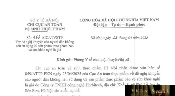 Công văn số 163/ CCATVSTP về việc đề nghị khuyến cáo người dân không nên sử dụng 02 sản phẩm thực phẩm bảo vệ sức khỏe nghi là giả
