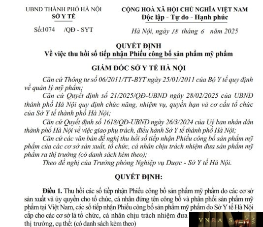 Công văn số : 1074/QĐ-SYT Sở Y tế Hà Nội ngày 18 tháng 6 năm 2025 Về việc thu hồi số tiếp nhận Phiếu công bố sản phẩm mỹ phẩm