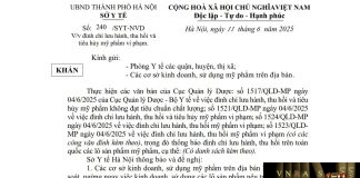 Công văn số : 240/SYT-NVD Sở y tế Hà Nội ngày 11 tháng 6 năm 2025 Về việc đình chỉ lưu hành, thu hồi và tiêu hủy mỹ phẩm vi phạm