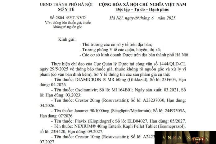 2804_syt_nvd-2025 Công văn số : 2804/SYT-NVD Sở y tế Hà Nội ngày 9 tháng 6 năm 2025 Về việc thông báo thuốc giả, thuốc không rõ nguồn gốc