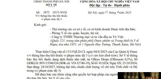 Công văn số : 2872/SYT-NVD Sở Y tế Hà Nội ngày 11 tháng 6 năm 2025 Về việc thông báo thu hồi thuốc vi phạm mức độ 3