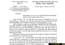Công văn số : 2873/SYT-NVD Sở y tế Hà Nội ngày 11 tháng 6 năm 2025 Về việc kiểm tra, xử lý, truy tìm nguồn gốc thuốc giả THEOPHYLLINE EXTENDED - RELEASE TABLETS 200mg