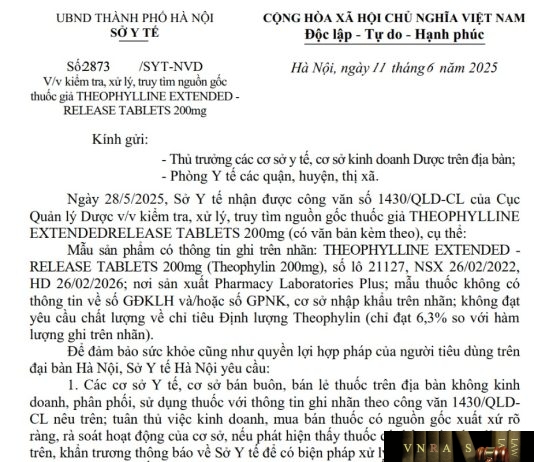Công văn số : 2873/SYT-NVD Sở y tế Hà Nội ngày 11 tháng 6 năm 2025 Về việc kiểm tra, xử lý, truy tìm nguồn gốc thuốc giả THEOPHYLLINE EXTENDED - RELEASE TABLETS 200mg
