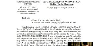 Công văn số : 3020/SYT-NVD Sở Y tế Hà Nội ngày 17 tháng 6 năm 2025 Về việc đình chỉ lưu hành, thu hồi và tiêu hủy mỹ phẩm không đạt tiêu chuẩn chất lượng