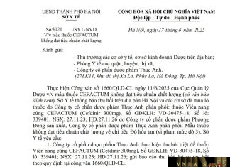 Công văn số : 3021/SYT-NVD Sở Y tế Hà Nội ngày 17 tháng 6 năm 2025 Về việc mẫu thuốc Cefactum không đạt tiêu chuẩn chất lượng