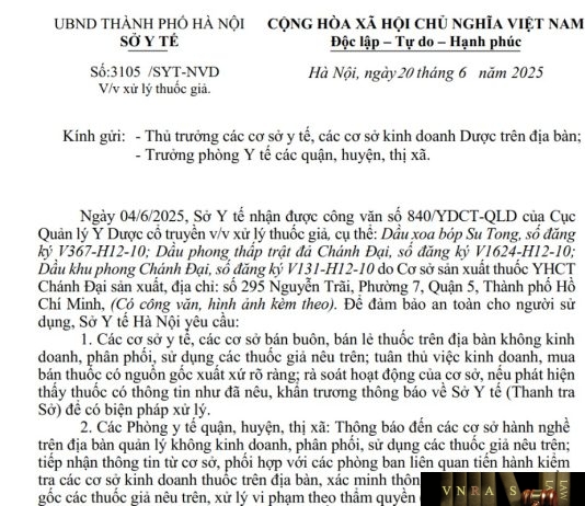Công văn số : 3105/SYT-NVD Sở Y tế Hà Nội ngày 20 tháng 6 năm 2025 Về việc xử lý thuốc giả