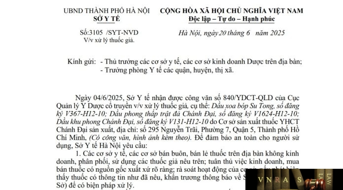 Công văn số : 3105/SYT-NVD Sở Y tế Hà Nội ngày 20 tháng 6 năm 2025 Về việc xử lý thuốc giả