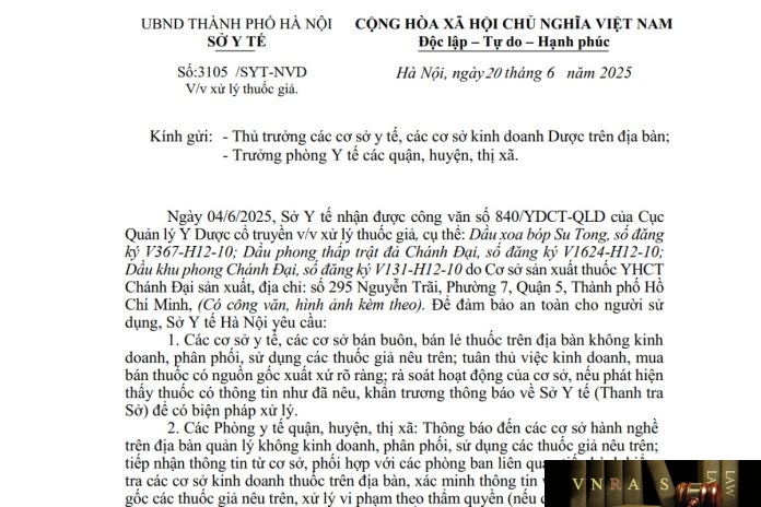 Công văn số : 3105/SYT-NVD Sở Y tế Hà Nội ngày 20 tháng 6 năm 2025 Về việc xử lý thuốc giả
