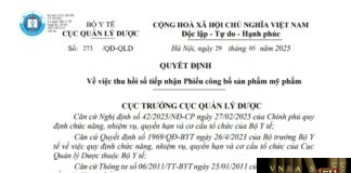 Quyết định Số: 273 /QĐ-QLD ngày 29 tháng 5 năm 2025 Về việc thu hồi số tiếp nhận Phiếu công bố sản phẩm mỹ phẩm