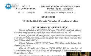 Quyết định Số: 273 /QĐ-QLD ngày 29 tháng 5 năm 2025 Về việc thu hồi số tiếp nhận Phiếu công bố sản phẩm mỹ phẩm
