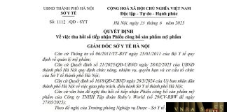 Công văn số : 1112 /QĐ-SYT Sở Y tế Hà Nội ngày 23 tháng 6 năm 2025 Về việc thu hồi số tiếp nhận Phiếu công bố sản phẩm mỹ phẩm
