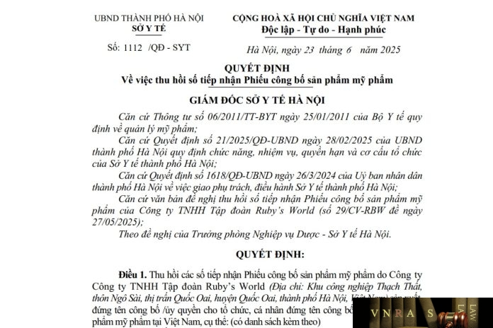 Công văn số : 1112 /QĐ-SYT Sở Y tế Hà Nội ngày 23 tháng 6 năm 2025 Về việc thu hồi số tiếp nhận Phiếu công bố sản phẩm mỹ phẩm