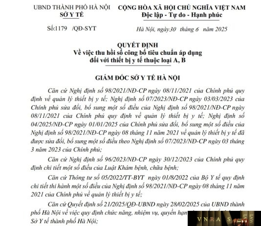 Công văn số : 1179/QĐ-SYT Sở Y tế Hà Nội ngày 30 tháng 6 năm 2025 Về việc thu hồi số công bố tiêu chuẩn áp dụng đối với thiết bị y tế thuộc loại A, B
