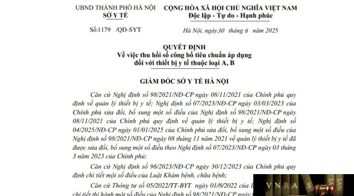 Công văn số : 1179/QĐ-SYT Sở Y tế Hà Nội ngày 30 tháng 6 năm 2025 Về việc thu hồi số công bố tiêu chuẩn áp dụng đối với thiết bị y tế thuộc loại A, B