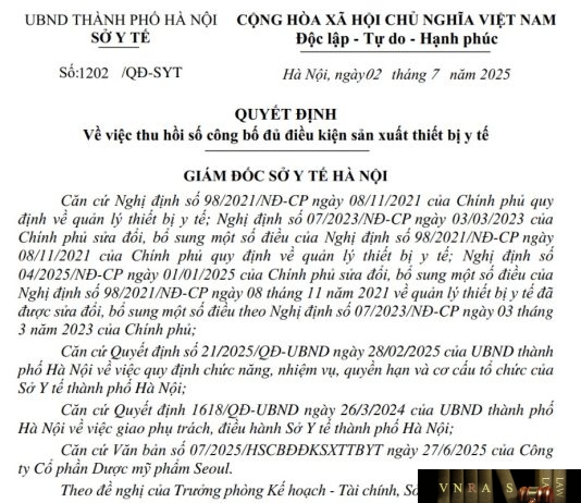 Công văn số : 1202/QĐ-SYT Sở Y tế Hà Nội ngày 02 tháng 7 năm 2025 Về việc thu hồi số công bố đủ điều kiện sản xuất thiết bị y tế
