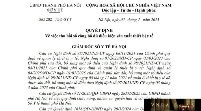 Công văn số : 1202/QĐ-SYT Sở Y tế Hà Nội ngày 02 tháng 7 năm 2025 Về việc thu hồi số công bố đủ điều kiện sản xuất thiết bị y tế Công văn số : 1202/QĐ-SYT Sở Y tế Hà Nội ngày 02 tháng 7 năm 2025 Về việc thu hồi số công bố đủ điều kiện sản xuất thiết bị y tế