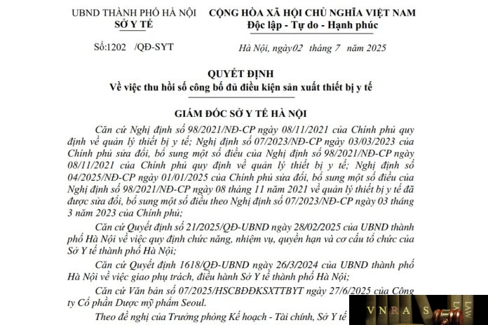 1202-QD-SYT-2025 Công văn số : 1202/QĐ-SYT Sở Y tế Hà Nội ngày 02 tháng 7 năm 2025 Về việc thu hồi số công bố đủ điều kiện sản xuất thiết bị y tế