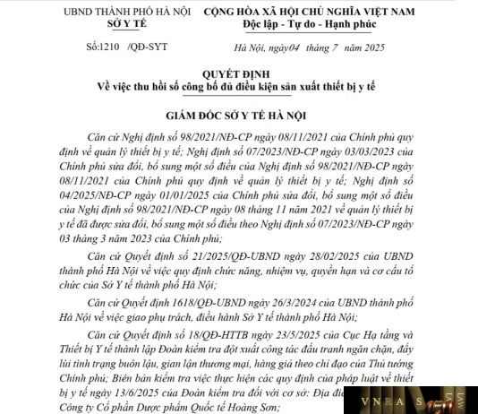 Công văn số : 1210/QĐ-SYT Sở Y tế Hà Nội ngày 04 tháng 7 năm 2025 Về việc thu hồi số công bố đủ điều kiện sản xuất thiết bị y tế