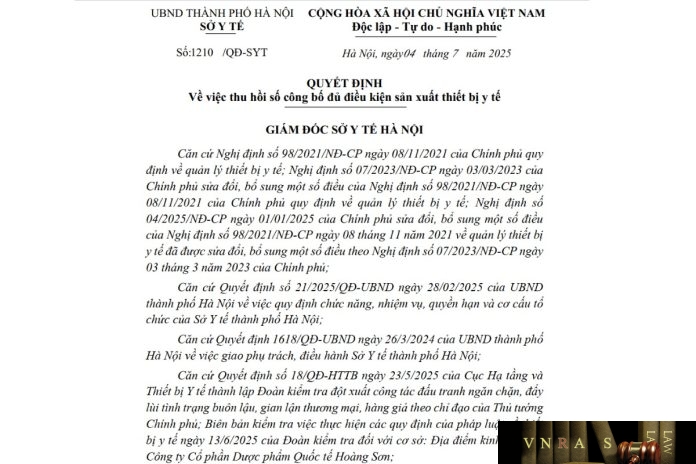 1210-QD-SYT-2025 Công văn số : 1210/QĐ-SYT Sở Y tế Hà Nội ngày 04 tháng 7 năm 2025 Về việc thu hồi số công bố đủ điều kiện sản xuất thiết bị y tế