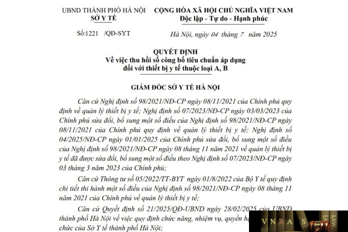 1221-QD-SYT-2025 Công văn số : 1221/QĐ-SYT Sở Y tế Hà Nội ngày 04 tháng 7 năm 2025 Về việc thu hồi số công bố tiêu chuẩn áp dụng đối với thiết bị y tế thuộc loại A, B