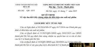 Công văn số : 1302/QĐ-SYT Sở Y tế Hà Nội ngày 16 tháng 7 năm 2025 Về việc thu hồi Giấy chứng nhận đủ điều kiện sản xuất mỹ phẩm