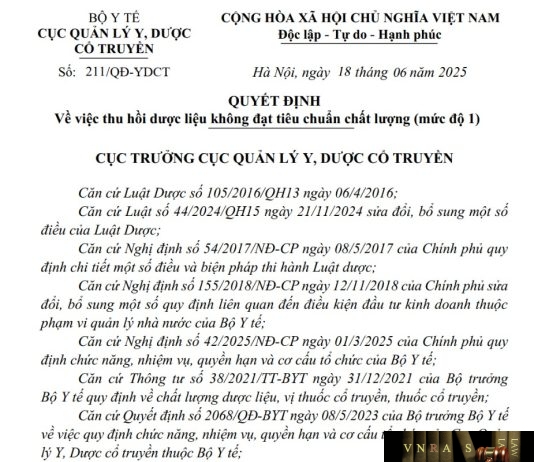 Công văn số : 211/QĐ-YDCT Cục Quản lý Y, Dược Cổ truyền ngày 18 tháng 6 năm 2025 Về việc thu hồi dược liệu không đạt tiêu chuẩn chất lượng (mức độ 1)
