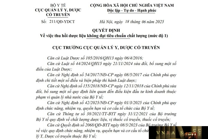 Công văn số : 211/QĐ-YDCT Cục Quản lý Y, Dược Cổ truyền ngày 18 tháng 6 năm 2025 Về việc thu hồi dược liệu không đạt tiêu chuẩn chất lượng (mức độ 1)