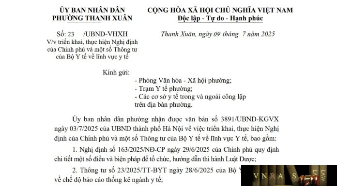 Công văn số : 23/UBND-VHXH Ủy ban Nhân dân Phường Thanh Xuân ngày 09 tháng 7 năm 2025 Về việc triển khai, thực hiện Nghị định của Chính phủ và một số Thông tư của Bộ Y tế về lĩnh vực y tế