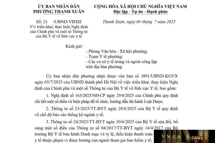 23-UBND-VHXH-2025 Công văn số : 23/UBND-VHXH Ủy ban Nhân dân Phường Thanh Xuân ngày 09 tháng 7 năm 2025 Về việc triển khai, thực hiện Nghị định của Chính phủ và một số Thông tư của Bộ Y tế về lĩnh vực y tế