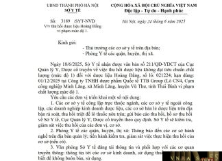 Công văn số : 3189/SYT-NVD Sở Y tế Hà Nội ngày 24 tháng 6 năm 2025 Về việc thu hồi dược liệu Hoàng Đằng vi phạm mức độ 1