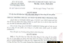 Công văn số : 168/QĐ-CCATVSTP Sở Y tế Hà Nội ngày 25 tháng 7 năm 2025 Về việc thu hồi hiệu lực Giấy tiếp nhận đăng ký bản công bố sản phẩm