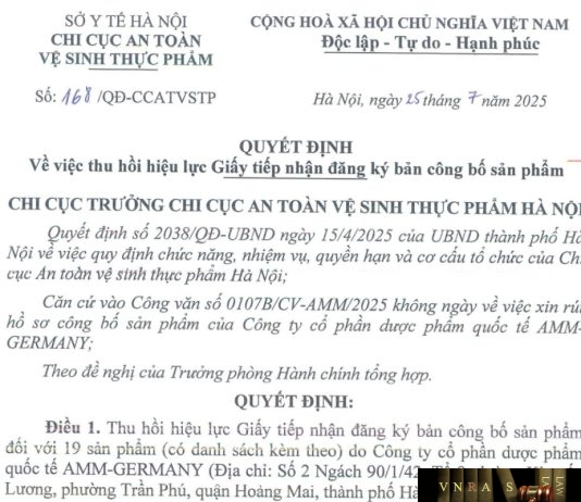 Công văn số : 168/QĐ-CCATVSTP Sở Y tế Hà Nội ngày 25 tháng 7 năm 2025 Về việc thu hồi hiệu lực Giấy tiếp nhận đăng ký bản công bố sản phẩm