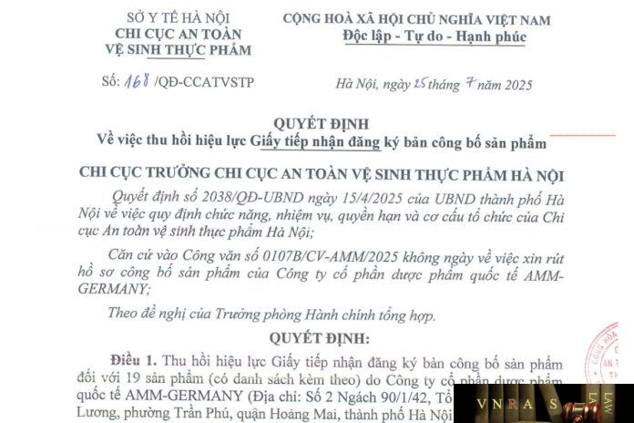 Công văn số : 168/QĐ-CCATVSTP Sở Y tế Hà Nội ngày 25 tháng 7 năm 2025 Về việc thu hồi hiệu lực Giấy tiếp nhận đăng ký bản công bố sản phẩm
