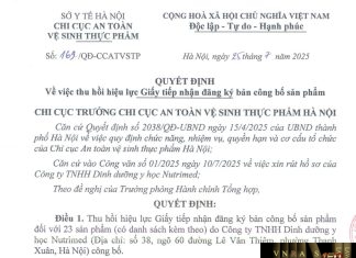 Công văn số : 169/QĐ-CCATVSTP Sở Y tế Hà Nội ngày 25 tháng 7 năm 2025 Về việc thu hồi hiệu lực Giấy tiếp nhận đăng ký bản công bố sản phẩm