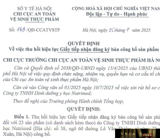 Công văn số : 169/QĐ-CCATVSTP Sở Y tế Hà Nội ngày 25 tháng 7 năm 2025 Về việc thu hồi hiệu lực Giấy tiếp nhận đăng ký bản công bố sản phẩm
