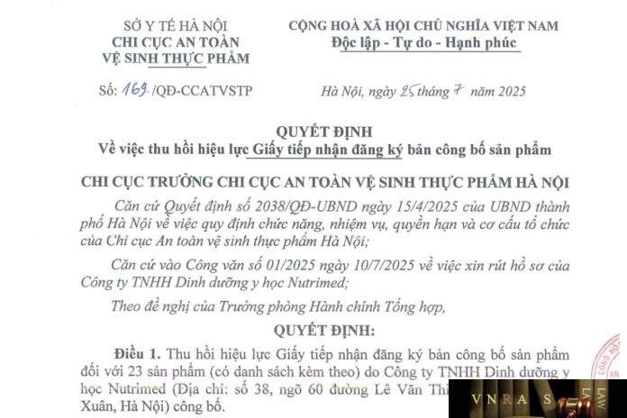 169-QD-CCATVSTP-2025 Công văn số : 169/QĐ-CCATVSTP Sở Y tế Hà Nội ngày 25 tháng 7 năm 2025 Về việc thu hồi hiệu lực Giấy tiếp nhận đăng ký bản công bố sản phẩm