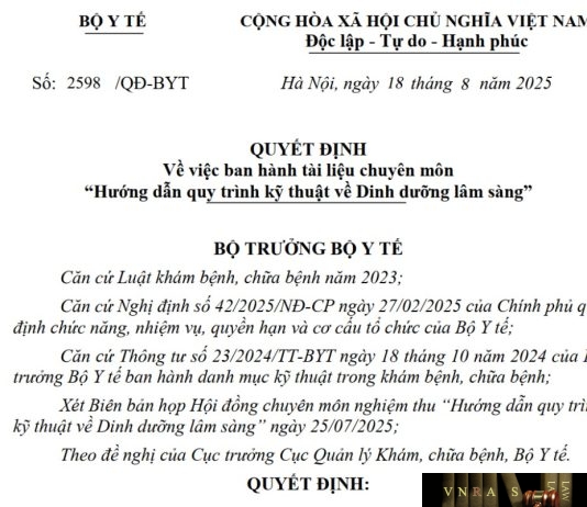 Công văn số : 2598/QĐ-BYT Bộ Y tế ngày 18 tháng 8 năm 2025 Về việc ban hành tài liệu chuyên môn “Hướng dẫn quy trình kỹ thuật về Dinh dưỡng lâm sàng”