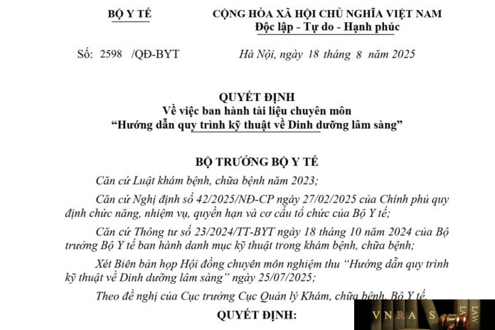 Công văn số : 2598/QĐ-BYT Bộ Y tế ngày 18 tháng 8 năm 2025 Về việc ban hành tài liệu chuyên môn “Hướng dẫn quy trình kỹ thuật về Dinh dưỡng lâm sàng”