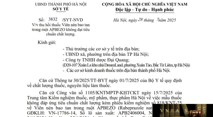 Công văn số : 3832/SYT-NVD Sở Y tế Hà Nội ngày 28 tháng 7 năm 2025 Về việc thu hồi thuốc Viên nén bao tan trong ruột APBEZO không đạt tiêu chuẩn chất lượng Công văn số : 3832/SYT-NVD Sở Y tế Hà Nội ngày 28 tháng 7 năm 2025 Về việc thu hồi thuốc Viên nén bao tan trong ruột APBEZO không đạt tiêu chuẩn chất lượng